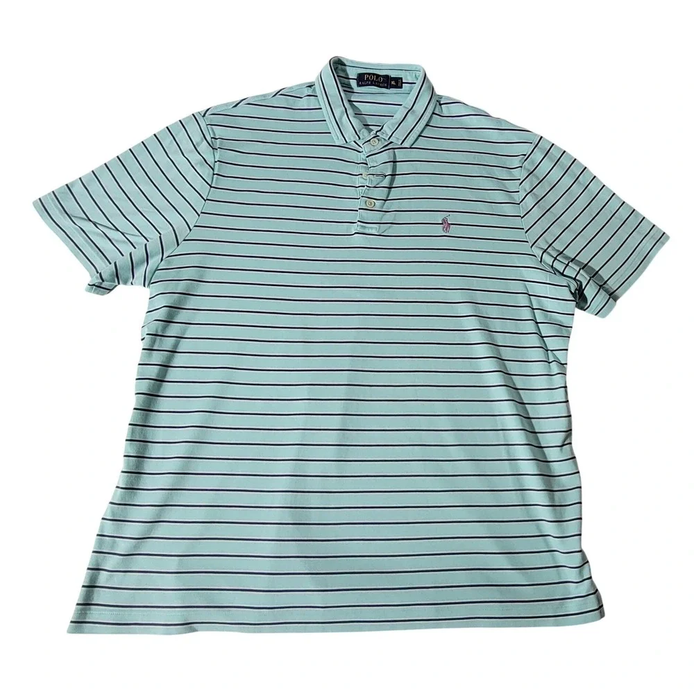 Polo Ralph Lauren Mens XL Mint Green‎ Navy Blue Striped Short Sleeve Polo Shirt